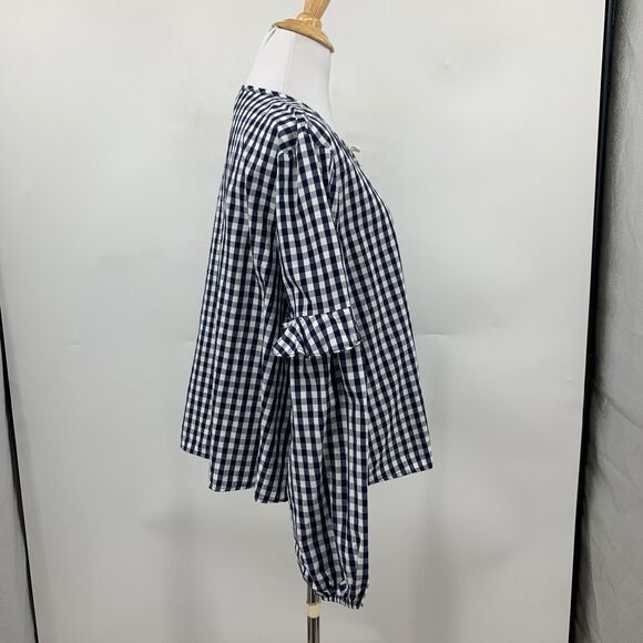 Splendid Blouse Womens L Large Navy Gingham Check Ruffled Sleeve Tassel Tie Top - Picture 6 of 13